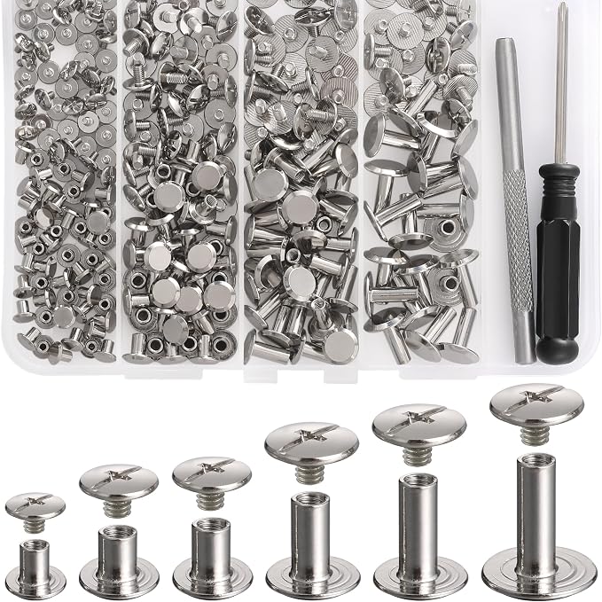 YORANYO 140 Sets Chicago Screws Leather Rivets Kit for Fabric Leather Crafting 6 Sizes Chicago Binding Screws for Decorate and Repair Belt Bag Shoes Purse Pet Collar Clothing Bookbinding (Silver)