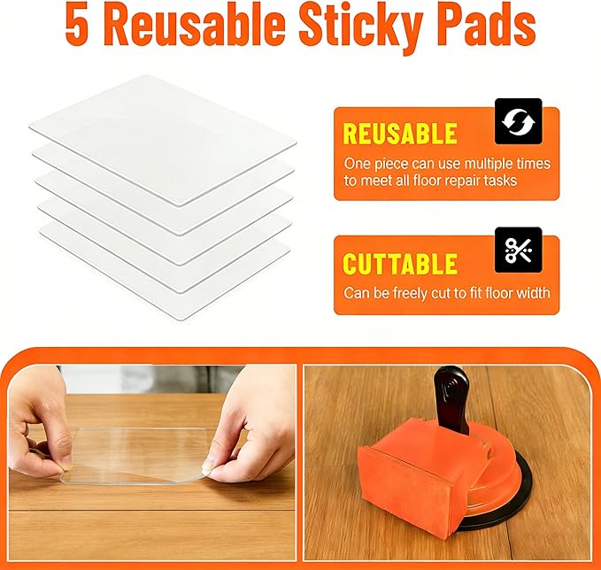 Floor Gap Fixer Tool with Rubber Mallet & 5 Reusable Sticky Pads, Enhanced Suction Cup for Laminate, Vinyl & Hardwood Floor Repair