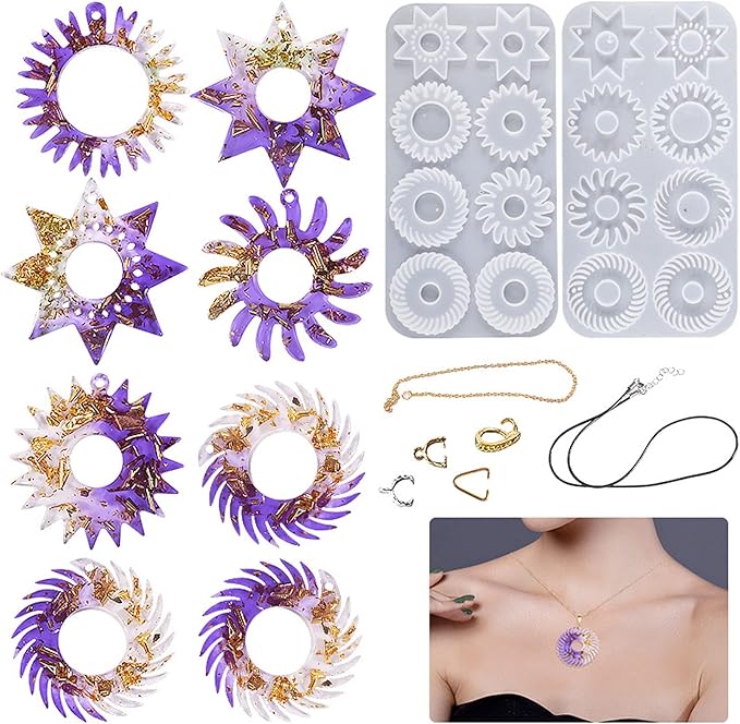 Yayatty Epoxy Resin Molds Kit, Gear Silicone Molds Geometry Pendant Jewelry Casting Resin Silicone Molds with Holes, Black Wax Rope and Pendant Buckle for Jewelry Making