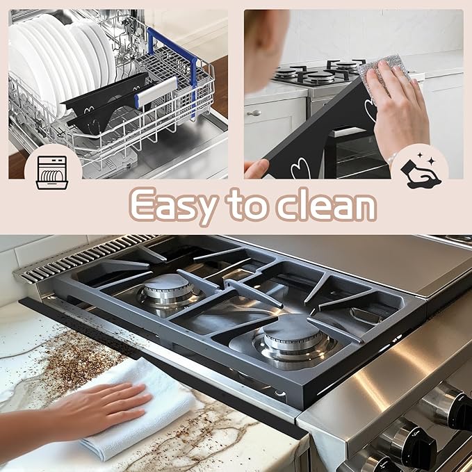 Stainless Steel Stove Gap Covers, 2 Pack Extendable Stove Gap Filler 13.8"-27.5", 0.79" Wide, Deep-Lock Heart Clips, Heat Resistant Range Trim Kit for Kitchen Counter Gaps, Black