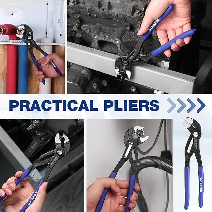 WORKPRO 10 Inch Water Pump Pliers, V-Jaw Groove Joint Pliers, CR-V Quick Adjustable Pliers for Home and Industrial Repair, Push-Lock, Soft Grip, Upgraded Wide Opening