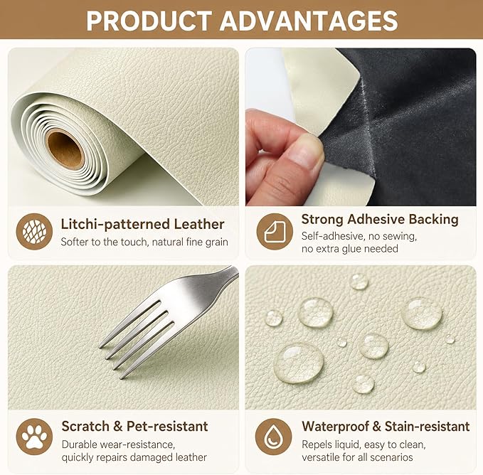 Leather Repair Patch for Couches Self-Adhesive Leather Repair Tape kit for Furniture Sofa Vinyl Car Seats Couch Chairs Shoes Down Jackets (Beige, 3.9X79 inch)
