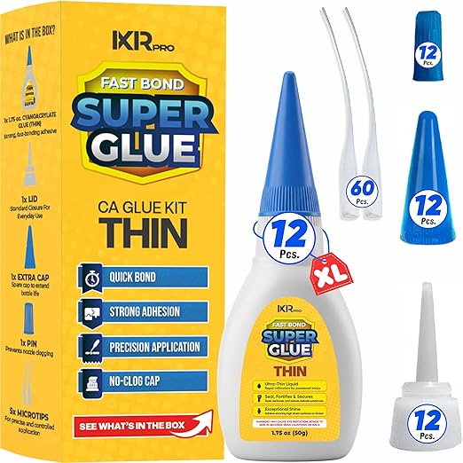 CA Glue Thin Viscosity Kit (12x1.75 oz.) Cyanoacrylate Glue, Super Glue for Precision Repairs, Wood, Plastic, Model Building, Crafts, and 3D Printing, Fast-Drying Adhesive for Tight Spaces and Cracks