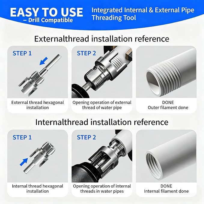 PVC Pipe Threader 2Pcs 1/2" 3/4" - Internal & External Threading Tool Set for Drill（2PCS 3/4)