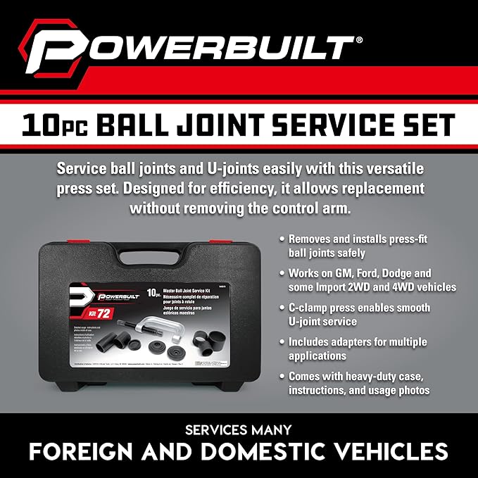 Powerbuilt Ball Joint Master Service Tool Kit, 10 Piece, Remove and Replace Ball Joints and U-Joints, Cars, Light Trucks, Storage Case - 940579, Black
