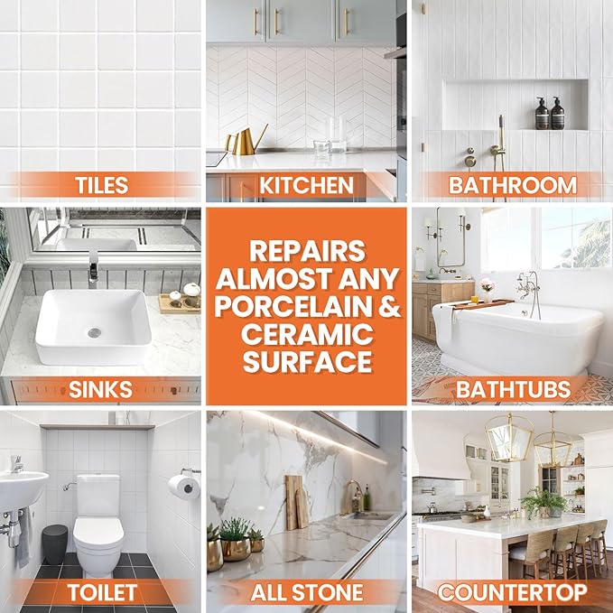 Ceramic Tile Repair Kit (Pure White), Tile Repair Kit with Super Strong Adhesion, Floor Cracked Tile Filler for Cracks, Chips, Holes on Ceramic, Porcelain, Acrylic, Fiberglass, Trim & Repair Kits