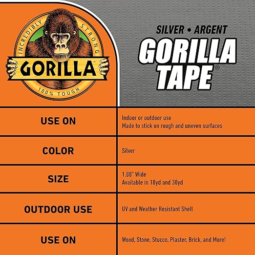 Gorilla Tape,1.88 in x 10 yd,Silver - Duct,Utility,Triple Layer Strength,Indoor & Outdoor,Weather Resistant Shell,(Pack of 6)