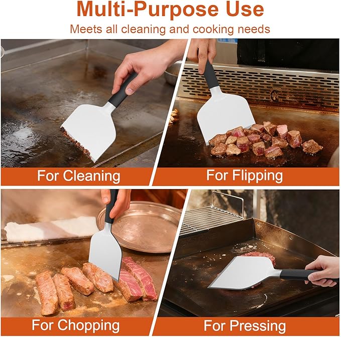 Heavy Duty Griddle Scraper, 4.5" Wide, Sharp Stainless Steel Scraper with Full Tang Silicone Handle, Great BBQ Cleaning Tool for Flat Top Grill & Griddle Cleaning Accessories (1 Pack, Small)