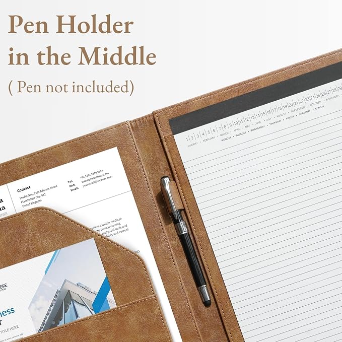 Mymazn Padfolio Portfolio Folder, Faux Leather Interview Resume Folder with Document Organizer & Business Card Holder, Letter-Sized Notepad Legal Pad Holder for Men Women (Light Brown)