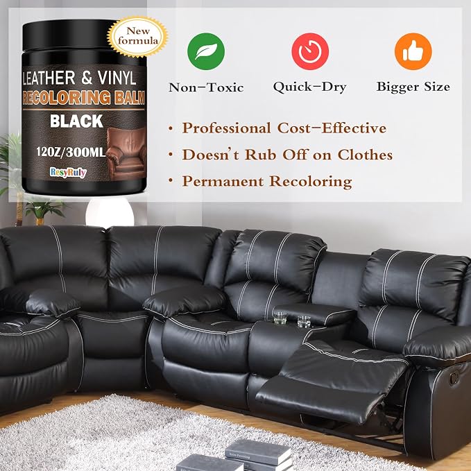 Leather Recoloring Balm Black Leather Dye Vinyl Paint Car Interior Seat Furniture Conditioner Couch Recliner Boots Jacket Shoes Handbag Purse Belt Color Restorer Fade Wear Scratch Remover Repair Kit