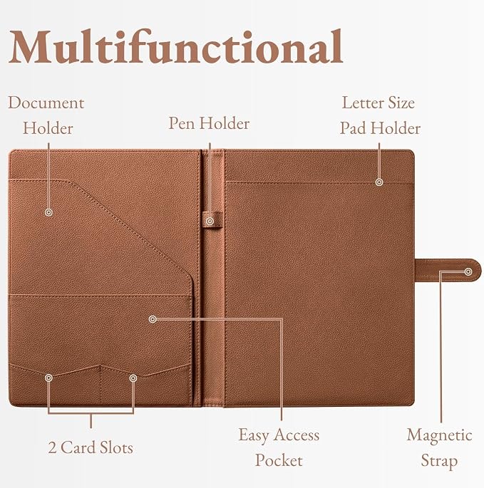 Mymazn Padfolio, Portfolio Folder, Legal Pad Holder, Resume Folder | Faux Leather Binder with Document Organizer, Business Card Holder, Letter-Size Notepad for Interview, Men & Women, Brown