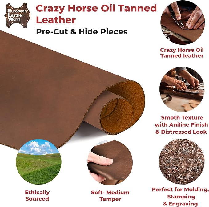 ELW Crazy Horse Leather 5-6 OZ (2-2.4mm) | Bourbon Brown | Pre-Cut 15-18 SQ FT | Full Grain Cowhide Handmade Leather for DIY, Crafts, Sheaths, Sewing, Workshop