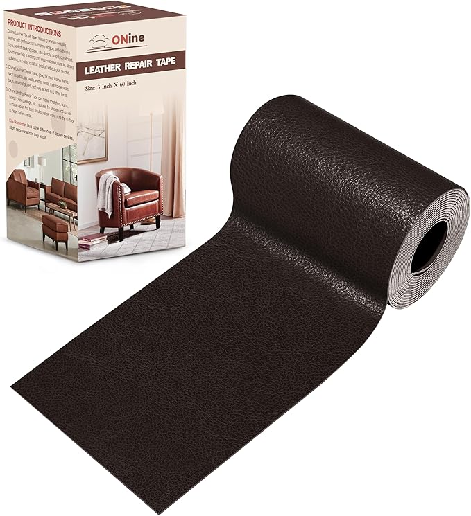 ONine Leather Repair Patch，Leather Repair Tape, 3 x 60 inches Leather Repair Patch for Furniture,Vinyl Repair kit，Leather Couch Patch，for Sofas,Furniture,car Seats,Chairs(Black Brown)