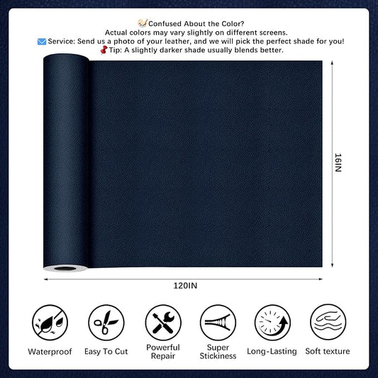 Navy Blue Leather Repair Tape, 16x120 Inch Leather Repair Patch Self-Adhesive, Waterproof Faux Leather Patch, Vinyl Repair Tape for Couch, Sofas, Furniture, Office Chair, Car Seats