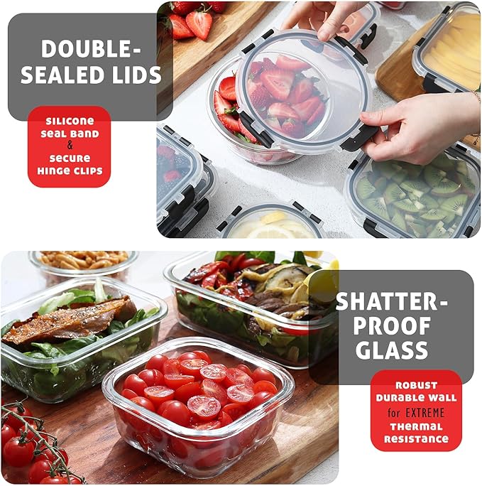 EATEX 24pc Glass Storage Containers with Lids, 12 Set Glass Food Storage Containers with 12 Airtight Lids, Pantry Kitchen Meal Prep Containers for Lunch, Freezer Storage Containers, Jet Black