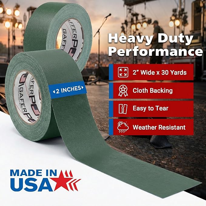 Gaffer Power Forest Green Gaffer Tape 2” x 30 Yards – No Residue, Outdoor Blending, Made in USA, Matte Non-Reflective Cloth Tape for Stage, Gear & Cable Management