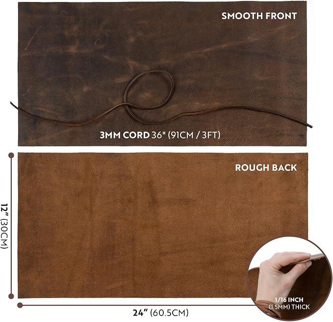Moonster Full-Grain Buffalo Leather Sheet 12x24 – Veg Tan Crafting Leather for Leatherworking, DIY Projects – Leather Sheet, Tooling Leather, Leather Scraps, Cowhide Leather Crafting Kit, 36 Inch Cord