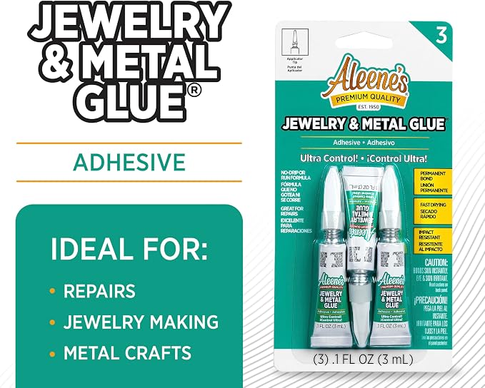 Aleene's Jewelry & Metal Glue, 0.1 oz 3-Pack - Instant Adhesive, Permanent Bond, Waterproof, Dries Clear, Ideal for Repairs and Jewelry Making