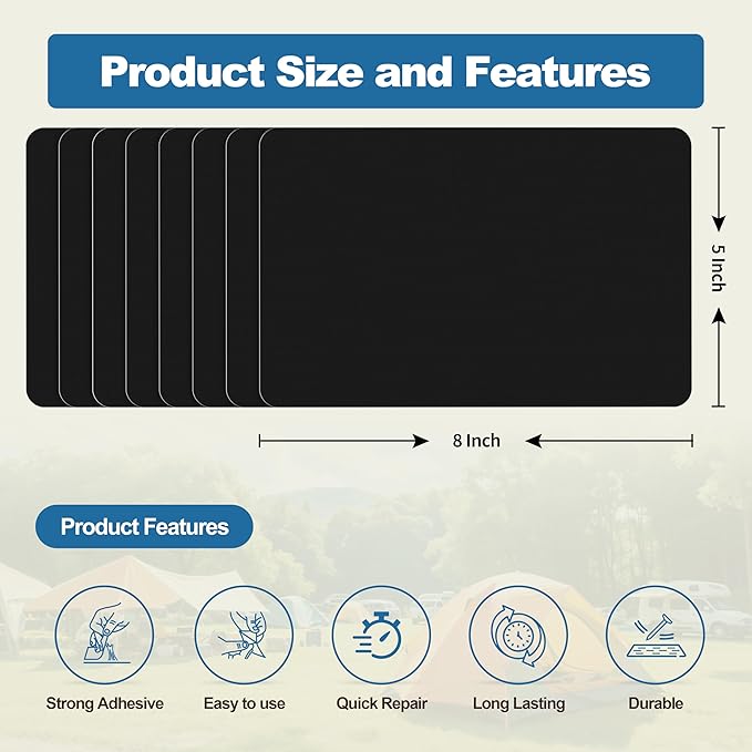 KING MOUNTAIN Self Adhesive Nylon Fabric Repair Patch, 5×8 Inches 8 Pcs, Quick Down Jacket Repair Patch, Waterproof Outdoor Gear Patch Kit for Tent,Backpacks,Umbrella, Gloves, Sleeping Bag (Black)