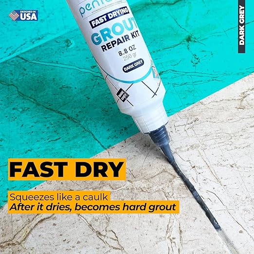 PentaUSA Tile Grout Repair Kit - Premixed Acrylic Sanded Grout for Bathroom, Shower & Kitchen, Water-Resistant Tube with Applicator, Fills Cracks and Gaps in Lines, Dark Gray (8.8oz/250gr)