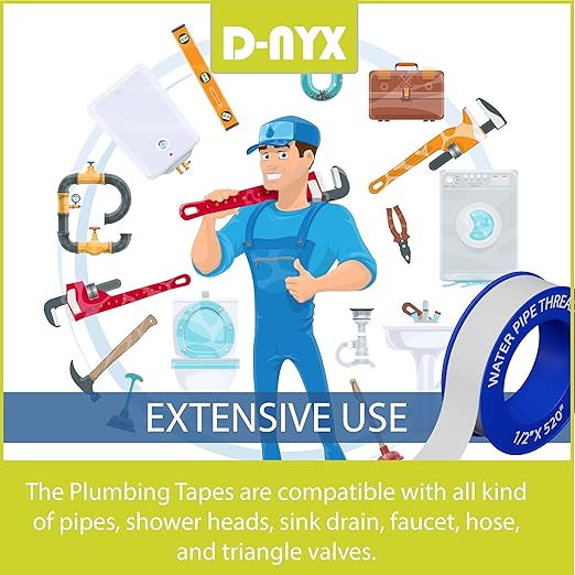 D-NYX 1, 4 or 5 Rolls 1/2 Inch(W) X 520 Inches(L) Teflon Plumbers Tape, Duct Sealant Tape for Shower Head, Plumbing Thread Tap, Water Pipe Sealing Plumbers PTFE Thread Seal (1 Pack)