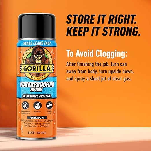 Gorilla Waterproofing Spray Black, Flexible Rubberized Sealant Coating, Paintable UV Resistant, Seals Water Air Moisture, 16 oz (Pack of 2), for Roofs Gutters Skylights RVs Windows & More