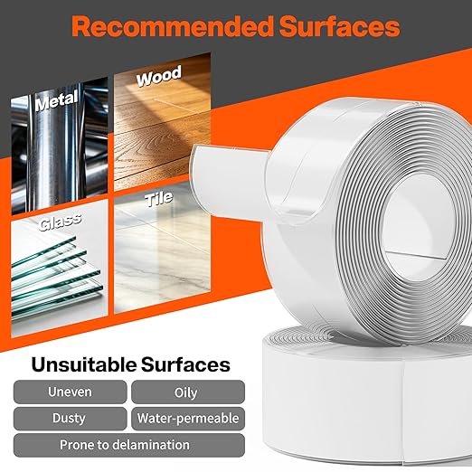 Dstorelhp 2 Rolls Clear Caulk Tape Waterproof Self Adhesive, Bathroom Peel and Stick Caulking Tape for Toilet Tub Shower Wall Trim, Easy to Install (1.5" x 10.5Ft)