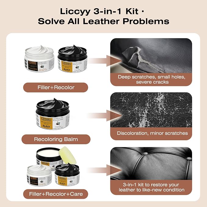 12H Quick-Dry Leather Repair Kit with 3.53Oz Gray Leather Recoloring Balm, Filler & 4.23Oz Care Cream, 3-in-1 Vinyl Repair Set for Sofa, Car Seats, Jackets, Purses, Shoes, Faux Leather and More