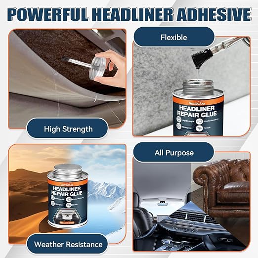Headliner Repair Glue - Car Headliner Adhesive with Brush, Upholstery Glue for Cars, Headliner Repair Kit, Car Roof Liner Fabric Adhesive Ideal for Automotive interiors, Leather (3.53, Fluid Ounces)