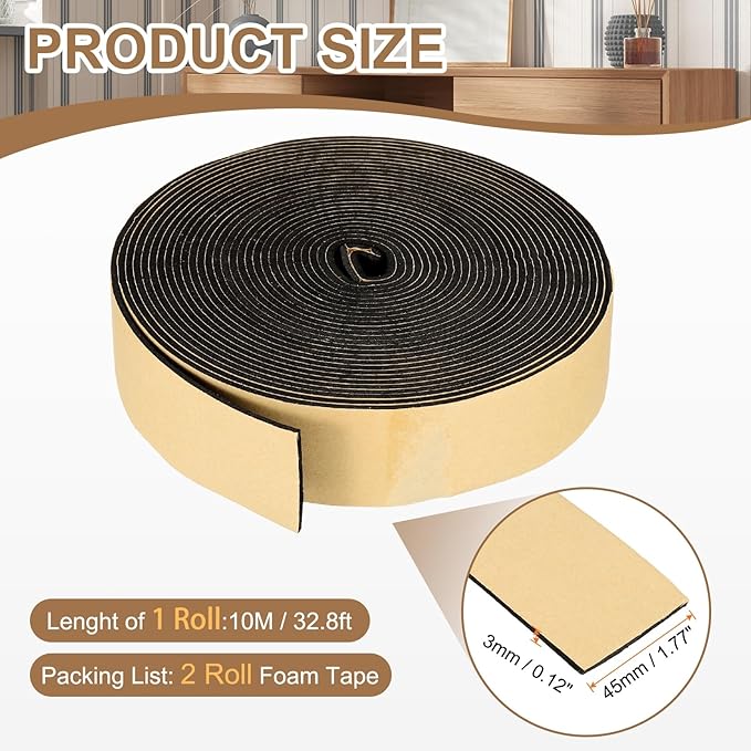 PATIKIL Foam Insulation Tape, 2" W x 1/8" t x 32.8FT Self Adhesive Weather Stripping Door Seal Strip for Door Window Air Conditioning, Black