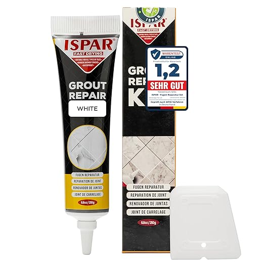 ISPAR Tile Grout Repair Kit – White Grout Filler 8.8 oz, Pre-Mixed Grout Repair Paste, Ready to Use Tile Joint Filler for Bathroom & Shower Tile, Includes Spatula