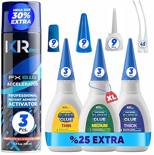 CA Glue with Activator Kit – 9 x 1.75 oz (Thin, Medium, Thick) + 3X 16.9 fl oz Accelerator Spray, Cyanoacrylate Super Glue for Woodworking, 3D Printing, Plastic, Guitar Repair & Hobby Projects