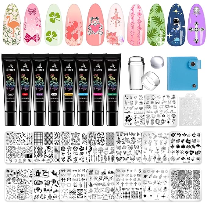 Biutee Nail Stamping Plates 16PCS Nail Stamping Kit with 8 Nail Stamping Gel Polish, 1 Nail Stamper Scraper & Storage Bag, Nail Stamp Kit Flower Butterfly Animal Design for Beginners & Nail Lovers