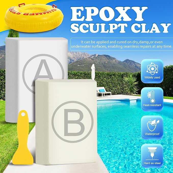 Pool Putty - 12oz 2 Part Epoxy Putty Clay - Pool Leak Repair kit Underwater, Under & Above Water Plaster for Pool, Leak/Crack Fix for Tile Fiberglass Concrete Cement & Other Surfaces