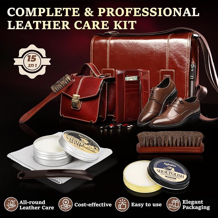 Shoe Shine Kit, Mens Gifts Ideas - 15PCS Shoe Polish Kit with Saddle Soap, Mink Oil, 3 Shoe Polishes, 3 Shoe Brushes and more, All-inclusive Leather Care Kit for Leather Shoe Boot Cleaning and Care