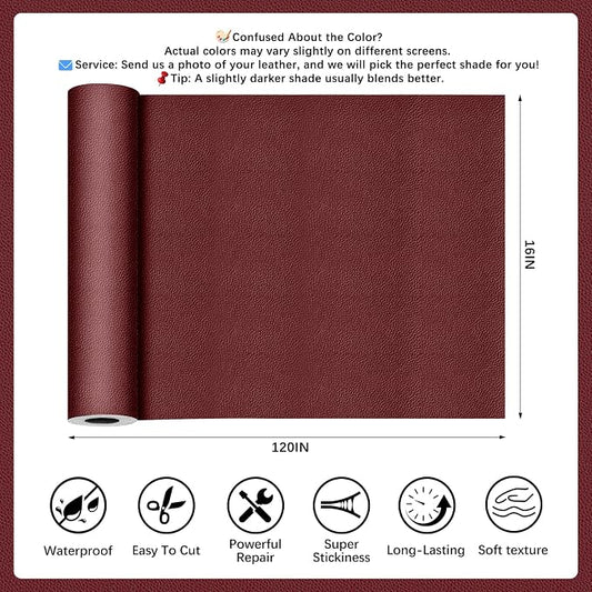 Burgundy Leather Repair Tape, 16x120 Inch Leather Repair Patch Self-Adhesive, Waterproof Faux Leather Patch, Vinyl Repair Tape for Couch, Sofas, Furniture, Office Chair, Car Seats