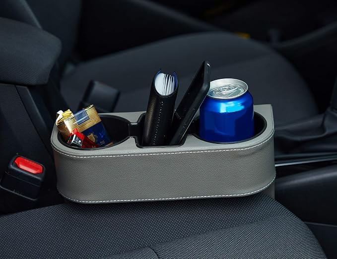 IOKONE Coin Side Pocket Console Side Pocket Leather Cover Car Cup Holder Auto Front Seat Organizer Cell Mobile Phone Holder (Gray)