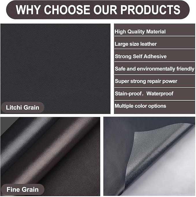 Self Adhesive Leather Repair Patch, Leather Patches for Furniture, Leather Repair Tape for Couch Sofa Car Seat Chair Furniture Repair, Leather Repair Kit (Dark Brown-Litchi Grain, 17X79 Inch)