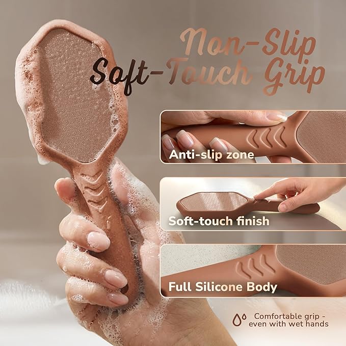 SILKLE Nano Glass Foot File - Silicone Foot Callus Remover for Feet and Cracked Heels - Heel Scraper for Dead Skin - Ergonomic Foot Scrubber & Exfoliator for Shower with Non-Slip Grip - Brown