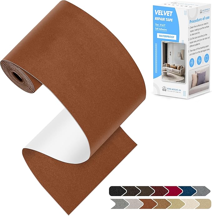 KING MOUNTAIN Couch Fabric Repair Patch, Fabric Patches for Furniture, 4" x 63" Waterproof Velvet Repair Tape for Sofas, Car Seats, Furniture, Upholstery Fabrics and Velvet Goods. （Light Brown）