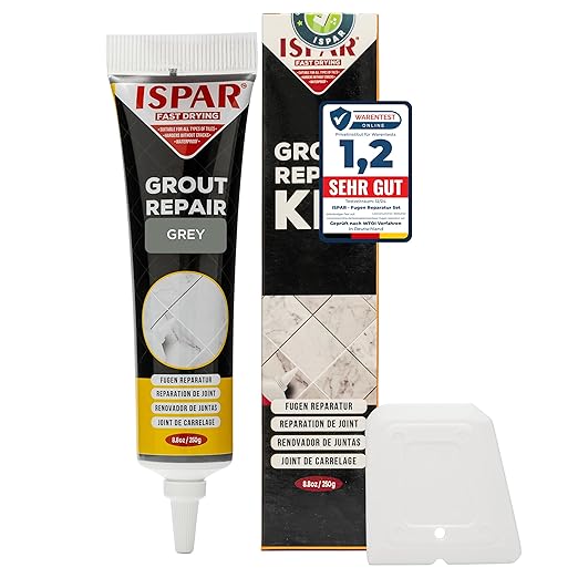 ISPAR Tile Grout Repair Kit – Gray Grout Filler 8.8 oz, Pre-Mixed Grout Repair Paste, Ready to Use Tile Joint Filler for Bathroom & Shower Tile, Includes Spatula