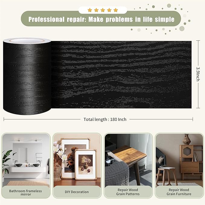 Besezx Wood Grain Tape, 3.9" X15', Self Adhesive Wood Grain Repair Patch for Tables, Chairs, DIY,Baseboards, Doors, Windows, Floors and Furniture Renovation.（Black）