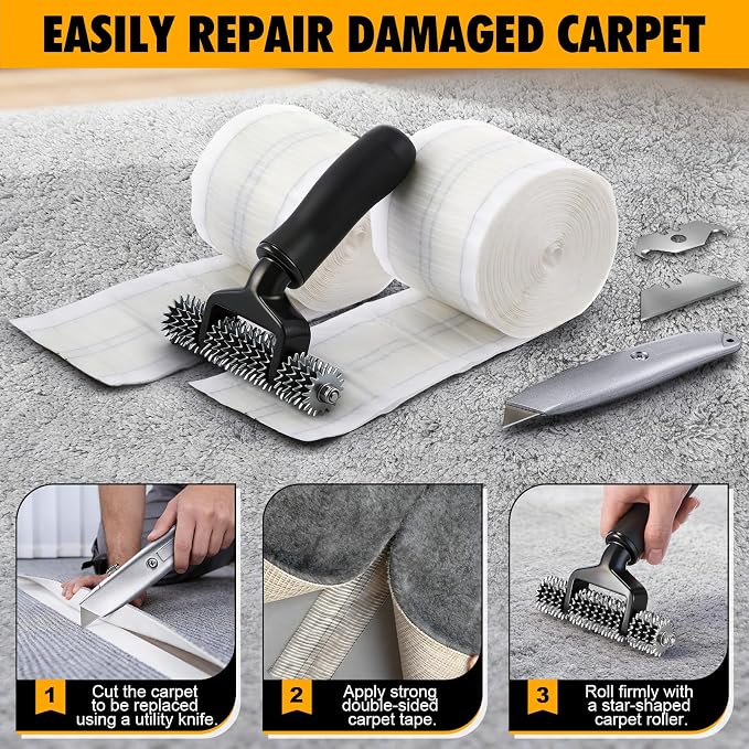 Dreyoo Upgraded Carpet Repair Kit with 5" Star Wheel Seam Roller, 4" x 60ft Carpet Seam Tape & Heavy Duty PVC Pipe Cutter, Heatless Carpets Patching Tools for DIY Home/Office Floor Maintenance
