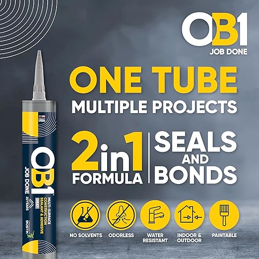 OB1 Universal Caulk Sealant & Adhesive Gray 10.1oz | Professional Grade Premium All-in-One Advanced Hybrid 2-in1 | Water Resistant Internal & External | Shrink Crack UV & Fade Resistant | 1 Cartridge