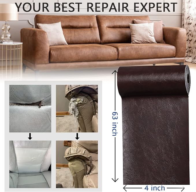 YAFLC Leather Repair Patch for Furniture, 4" x 63" Self Adhesive Leather Repair Kit Vinyl Repair Tape for Car Seat Sofa Jackets Couches Chair Glossy Coffee