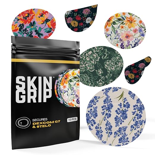 Skin Grip Adhesive Patches for Dexcom G7 & Stelo CGM – Waterproof & Sweatproof Cover for Continuous Glucose Monitor Sensor, Stays Secure for 10-15 Days – 10 Pack, Floral