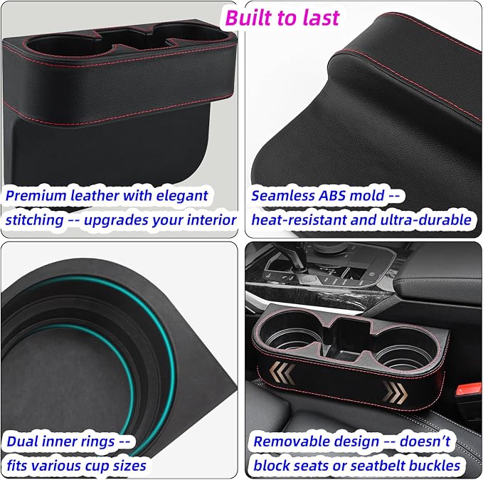 Car Cup Holder Expander & Seat Gap Filler - PU Leather Cover with Stitching, Multifunctional Front Seat Organizer, for Car Truck Van, Holds Large Cups and Phones,Prevent Dropping Items (1Pack, Black)
