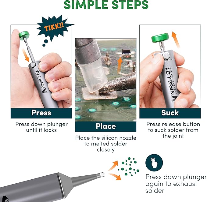 Solder Sucker Tool No Clog Silicone-Tip Manual Desoldering Pump Soldering Accessories for Solder Remover – Unrivaled Suction • No Power Needed • Ultra Low-Maintenance • Best-in-Class Desoldering Gun