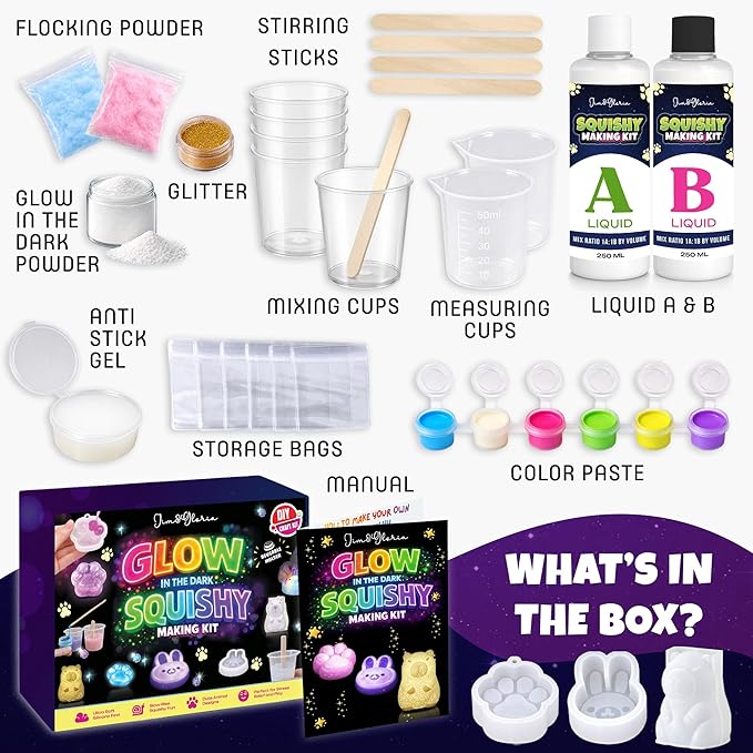 Jim&Gloria Glow in the Dark DIY Squishy Making Kit - Make Your Own Squishies All-in-One Squishy Maker Craft Kit with 1:1 Liquid Silicone, 3 Cute Animal Molds Mini Paw, Capybara, and Bunny Easter Gifts