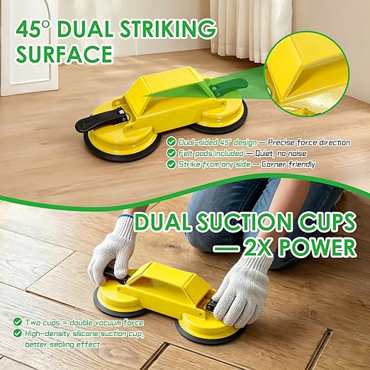 Floor Gap Fixer Tool for Laminate Floor Gap Repair, Heavy Duty Dual Suction Cups with 45° Striking Surface, Includes Rubber Mallet, Sticky Pads & Gloves for Vinyl Plank, LVP & Hardwood